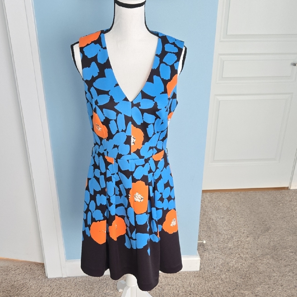 Tracy Reese PLENTY DRESSES Blue and Orange Black Floral FIT FLARE Dress 8 Y2k